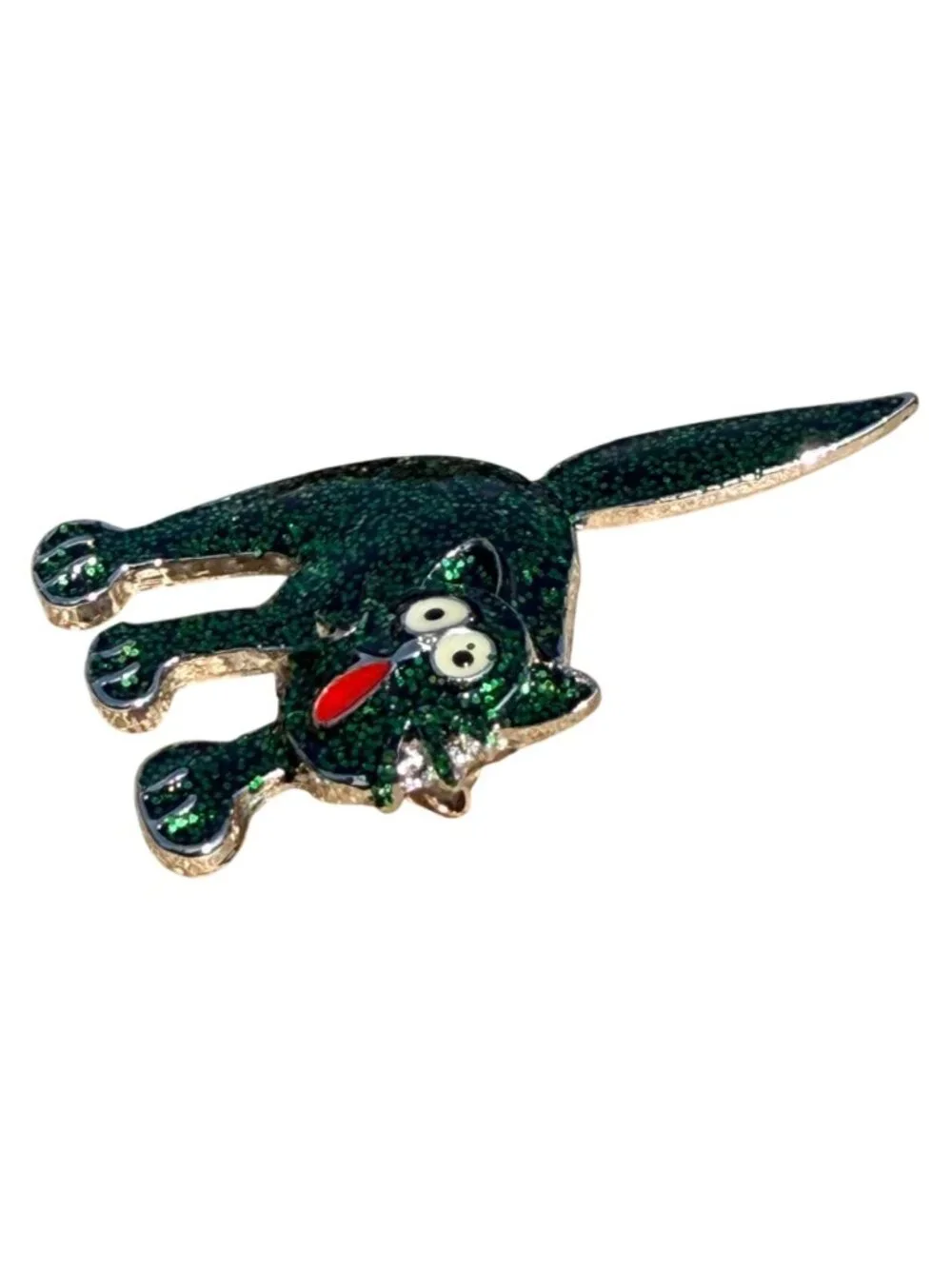 Halloween Green Glitter Cat Brooch Vtg 80s Funny Cartoon Kitty Spooky Pin Jewelr